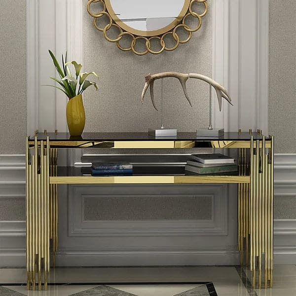 47.2" Modern Black Faux Marble Narrow Console Table with Storage Shelf and 4 Gold Legs