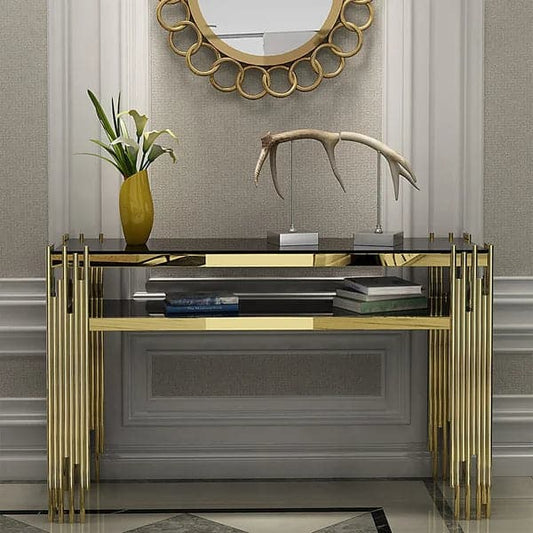 47.2" Modern Black Faux Marble Narrow Console Table with Storage Shelf and 4 Gold Legs