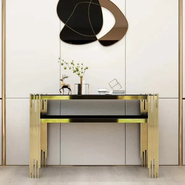 47.2" Modern Black Faux Marble Narrow Console Table with Storage Shelf and 4 Gold Legs