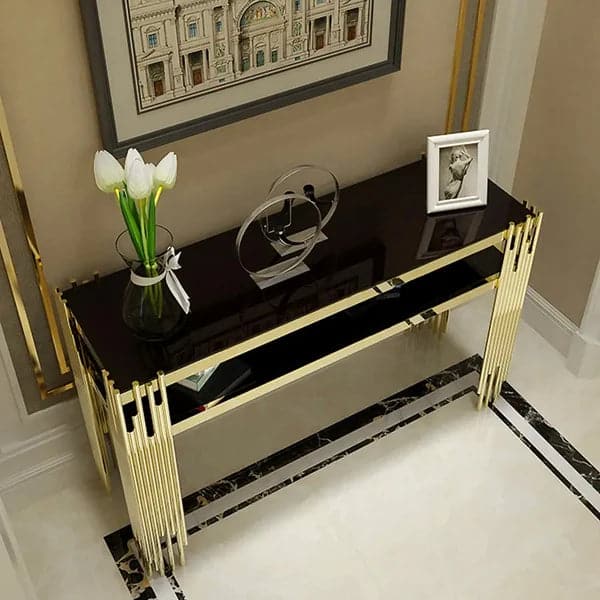 47.2" Modern Black Faux Marble Narrow Console Table with Storage Shelf and 4 Gold Legs