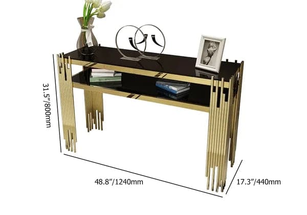 47.2" Modern Black Faux Marble Narrow Console Table with Storage Shelf and 4 Gold Legs