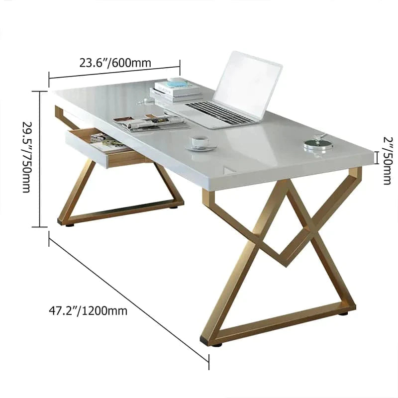 47" Modern Rectangular White Writing Desk Metal Base Wooden Home Office Desk with Drawer