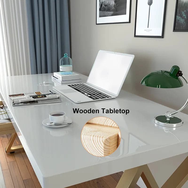 47" Modern Rectangular White Writing Desk Metal Base Wooden Home Office Desk with Drawer