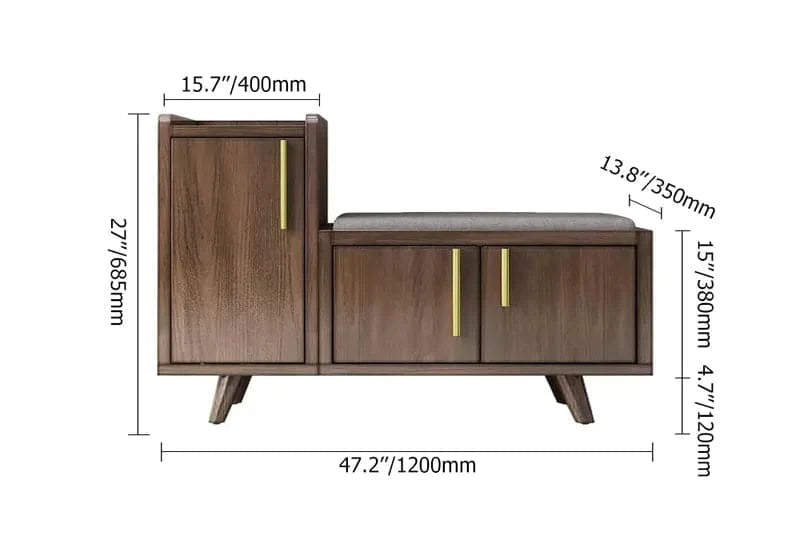 47" Walnut Wooden Shoe Storage Bench with 3 Doors & 5 Shelves for Entryway