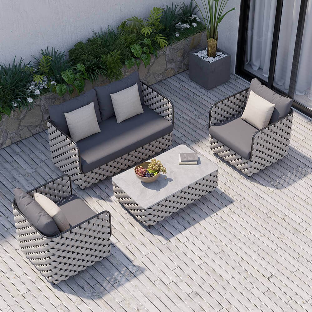 4Pcs Aluminum & Rope Outdoor Sofa Set with Faux Marble Coffee Table and Cushion Pillow