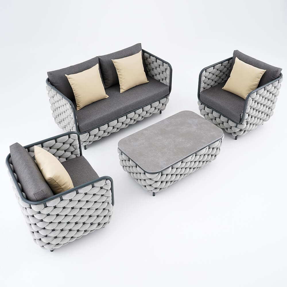 4Pcs Aluminum & Rope Outdoor Sofa Set with Faux Marble Coffee Table and Cushion Pillow