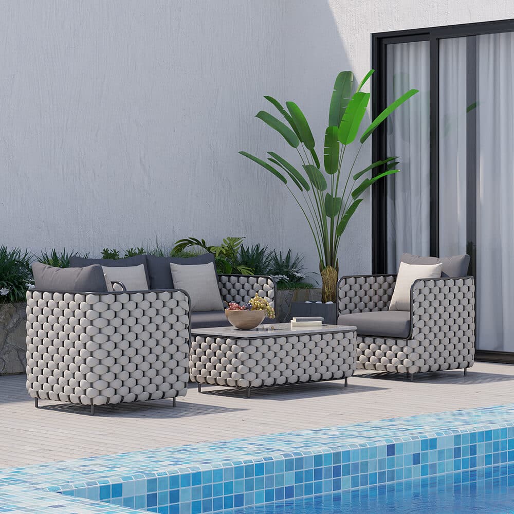 4Pcs Aluminum & Rope Outdoor Sofa Set with Faux Marble Coffee Table and Cushion Pillow