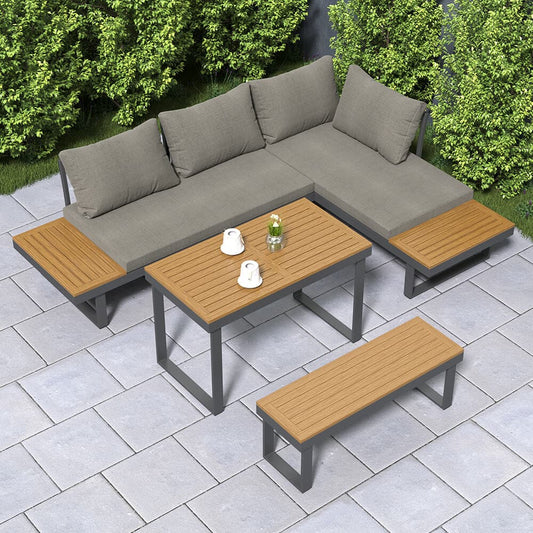 4 Pieces Aluminum Wood Outdoor Sectional Sofa Set for 5 Person with Dining Table in Gray