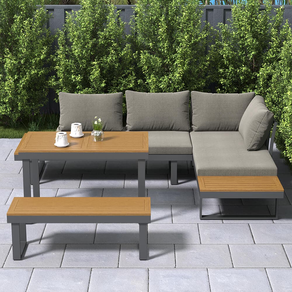 4 Pieces Aluminum Wood Outdoor Sectional Sofa Set for 5 Person with Dining Table in Gray