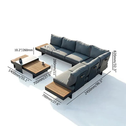 4 Pieces Modern L Shape Teak Outdoor Sectional Sofa Set with Wood Coffee Table in Gray