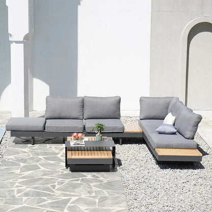 4 Pieces Modern L Shape Teak Outdoor Sectional Sofa Set with Wood Coffee Table in Gray