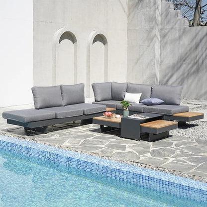 4 Pieces Modern L Shape Teak Outdoor Sectional Sofa Set with Wood Coffee Table in Gray