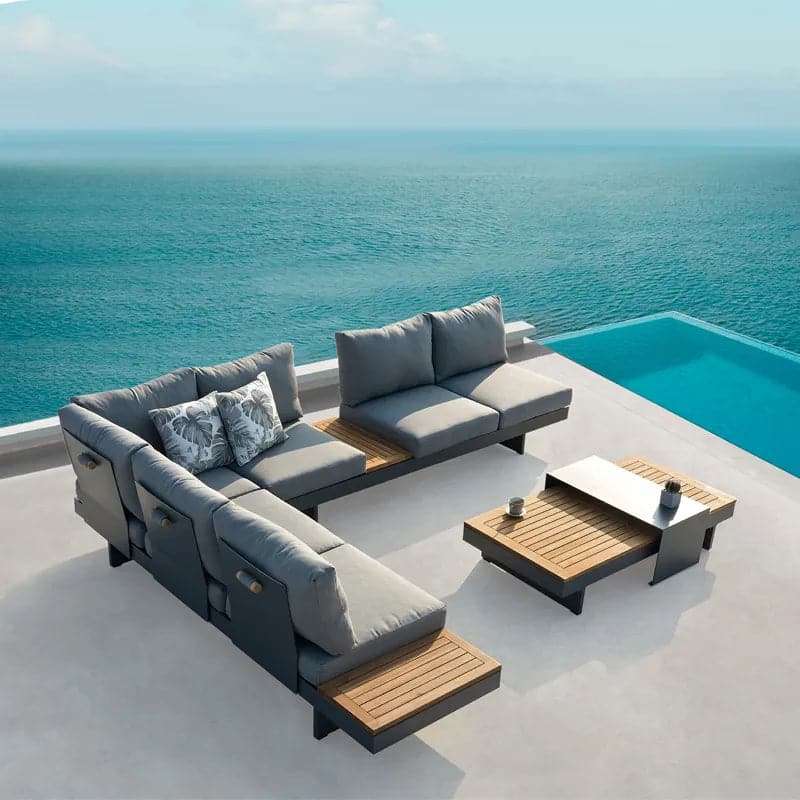 4 Pieces Modern L Shape Teak Outdoor Sectional Sofa Set with Wood Coffee Table in Gray