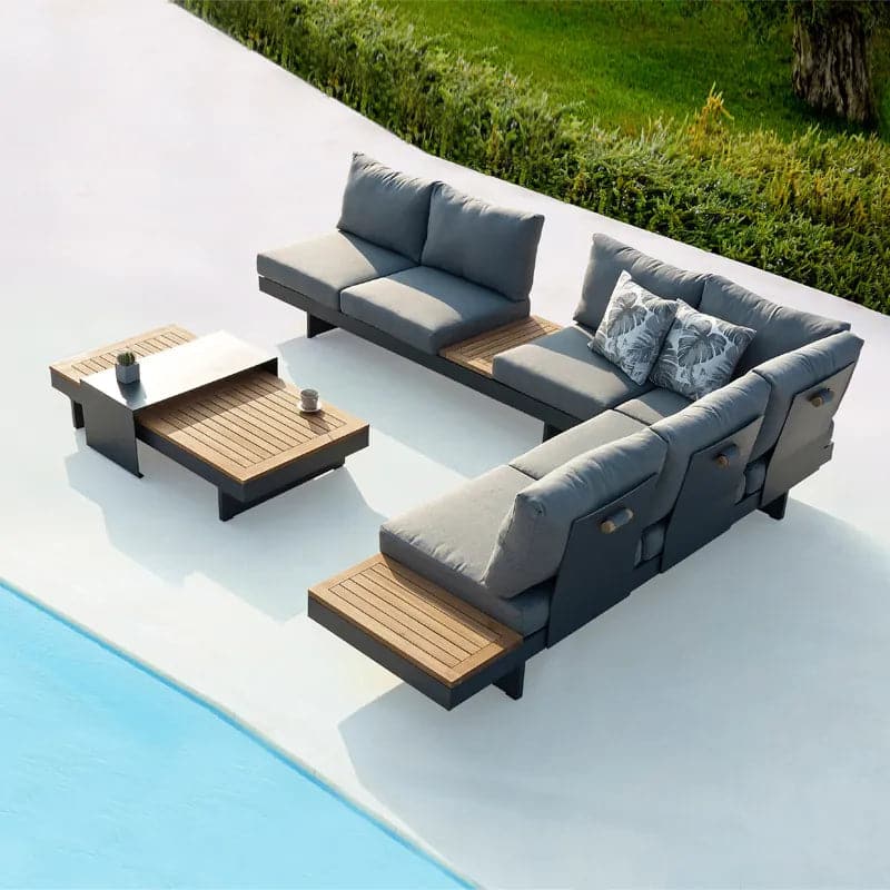 4 Pieces Modern L Shape Teak Outdoor Sectional Sofa Set with Wood Coffee Table in Gray