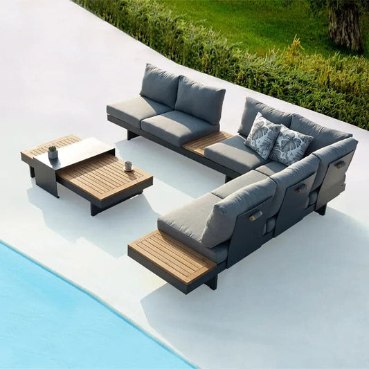 4 Pieces Modern L Shape Teak Outdoor Sectional Sofa Set with Wood Coffee Table in Gray