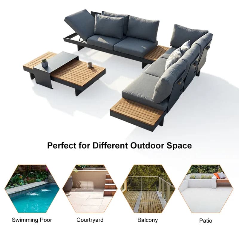 4 Pieces Modern L Shape Teak Outdoor Sectional Sofa Set with Wood Coffee Table in Gray