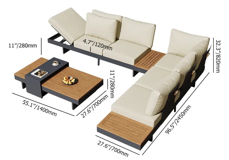 4 Pieces Modern L Shape Teak Wood Outdoor Sectional Sofa Set with Coffee Table in Beige