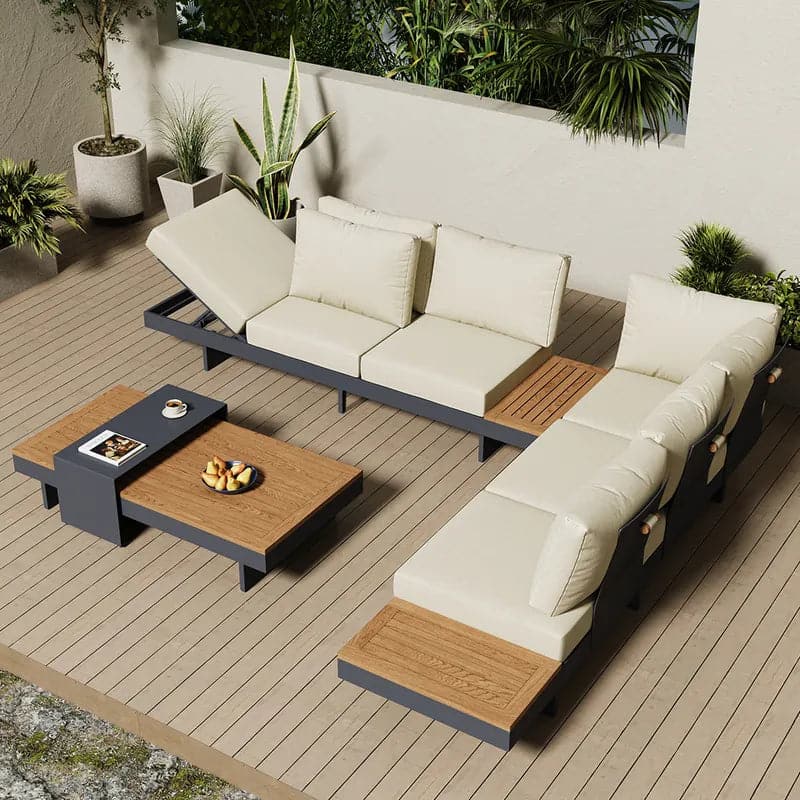 4 Pieces Modern L Shape Teak Wood Outdoor Sectional Sofa Set with Coffee Table in Beige