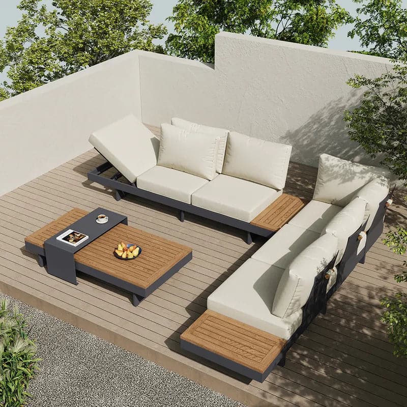 4 Pieces Modern L Shape Teak Wood Outdoor Sectional Sofa Set with Coffee Table in Beige