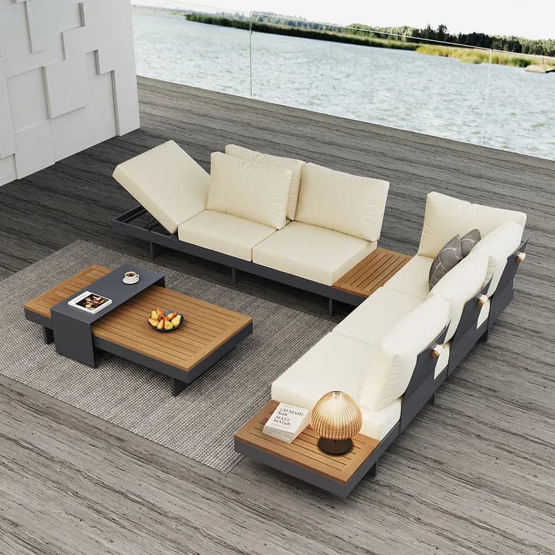 4 Pieces Modern L Shape Teak Wood Outdoor Sectional Sofa Set with Coffee Table in Beige