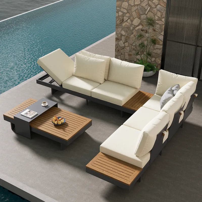 4 Pieces Modern L Shape Teak Wood Outdoor Sectional Sofa Set with Coffee Table in Beige