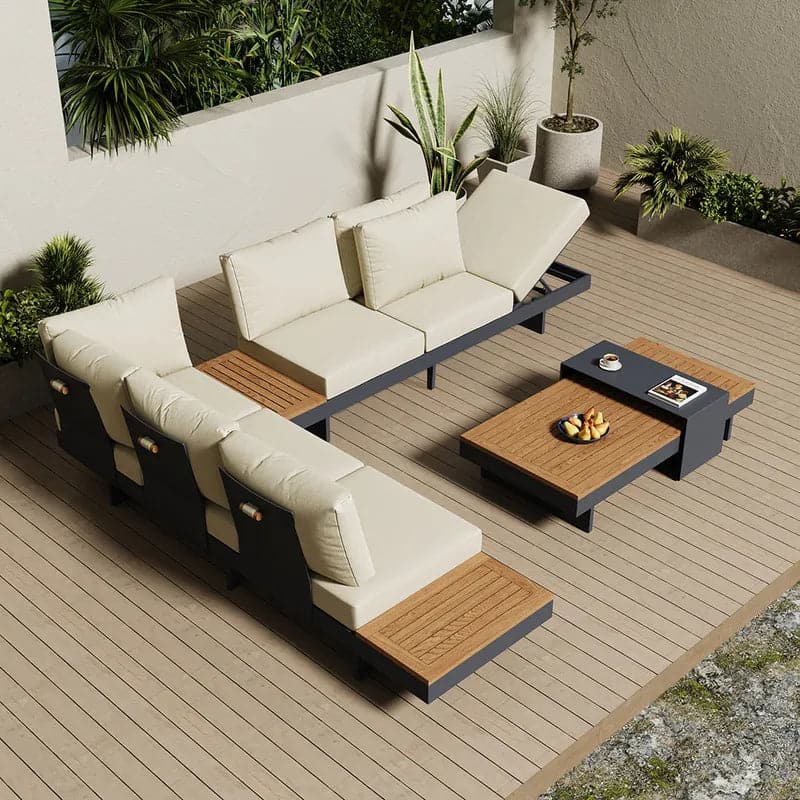 4 Pieces Modern L Shape Teak Wood Outdoor Sectional Sofa Set with Coffee Table in Beige