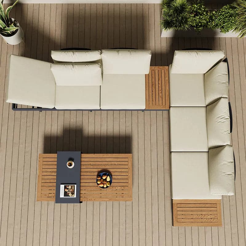 4 Pieces Modern L Shape Teak Wood Outdoor Sectional Sofa Set with Coffee Table in Beige