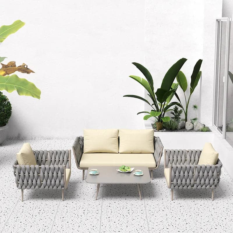 4 Pieces Outdoor Sectional Sofa Set with Webbing Seats and Cushions in Beige & Gray