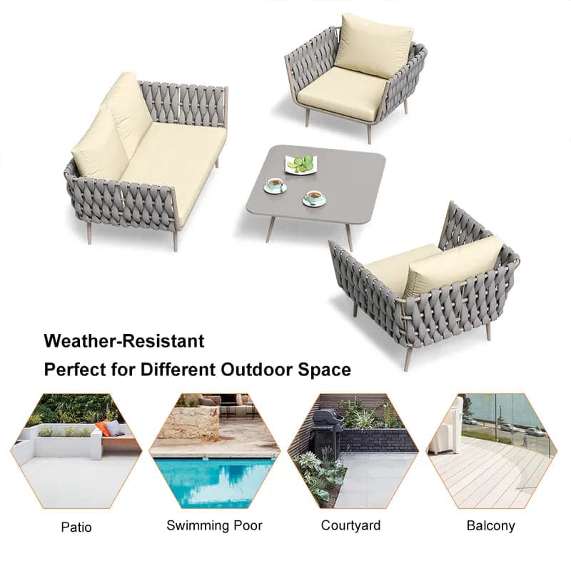 4 Pieces Outdoor Sectional Sofa Set with Webbing Seats and Cushions in Beige & Gray