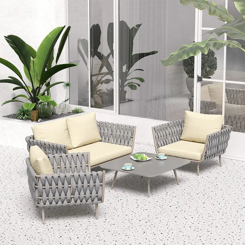 4 Pieces Outdoor Sectional Sofa Set with Webbing Seats and Cushions in Beige & Gray