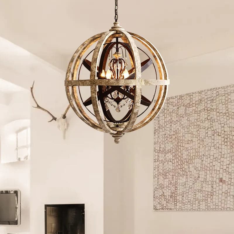 5-Light Retro Globe Weathered Wood Chandelier Crystal Accents