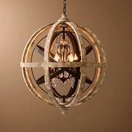 5-Light Retro Globe Weathered Wood Chandelier Crystal Accents