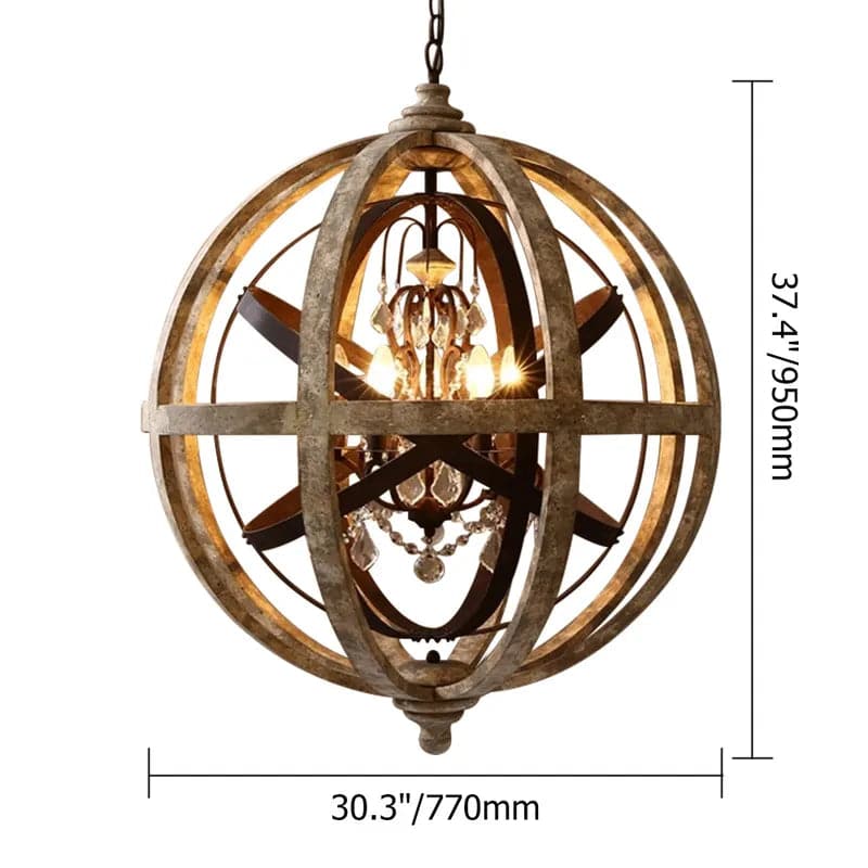 5-Light Retro Globe Weathered Wood Chandelier Crystal Accents