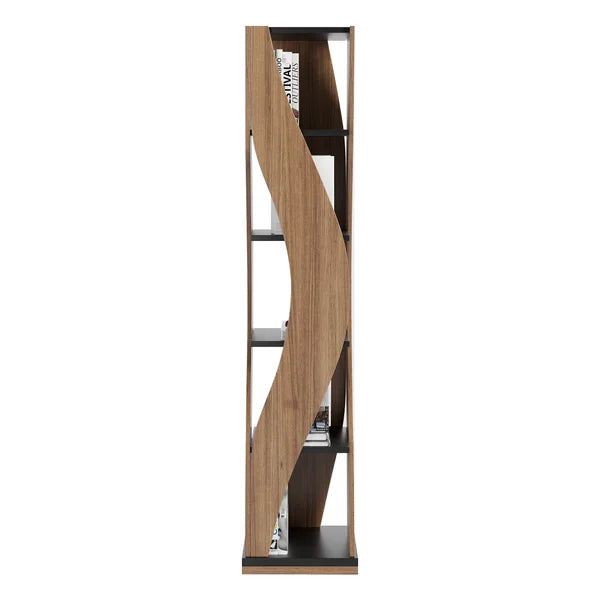 5-Tier Geometric Bookshelf Curved Shape Industrial Bookcase in Walnut & Black Rotating