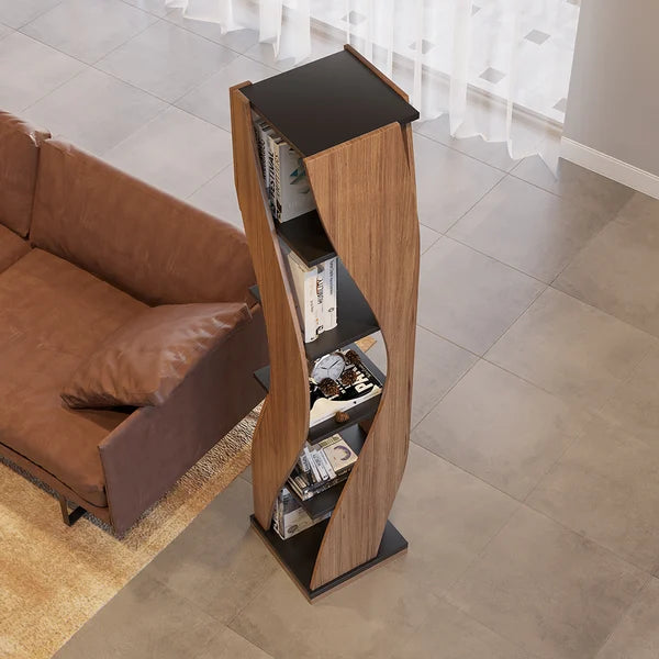 5-Tier Geometric Bookshelf Curved Shape Industrial Bookcase in Walnut & Black Rotating