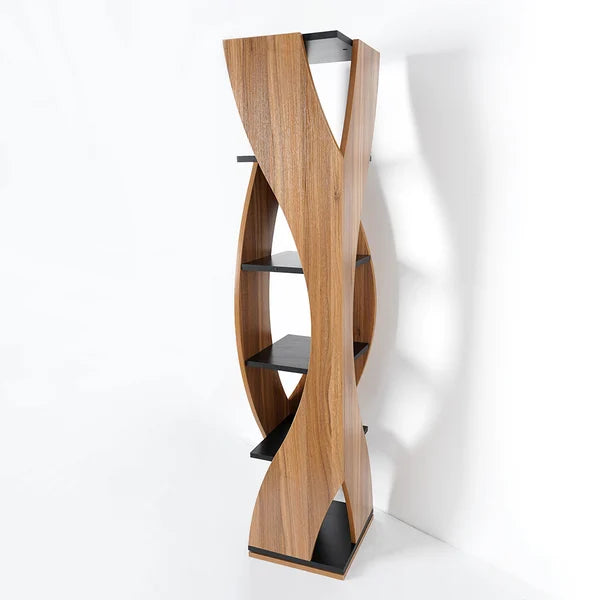 5-Tier Geometric Bookshelf Curved Shape Industrial Bookcase in Walnut & Black Rotating