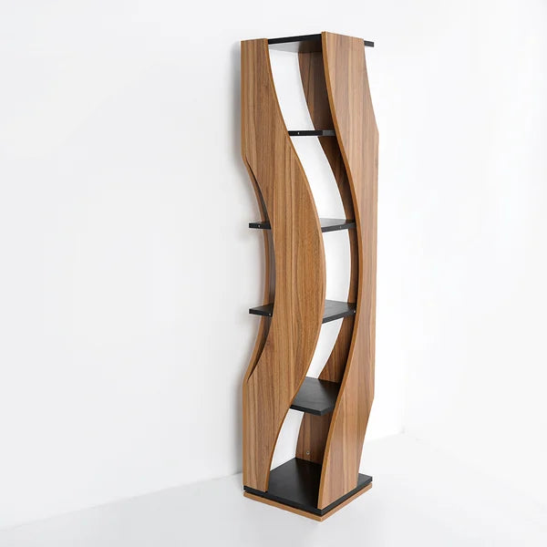 5-Tier Geometric Bookshelf Curved Shape Industrial Bookcase in Walnut & Black Rotating