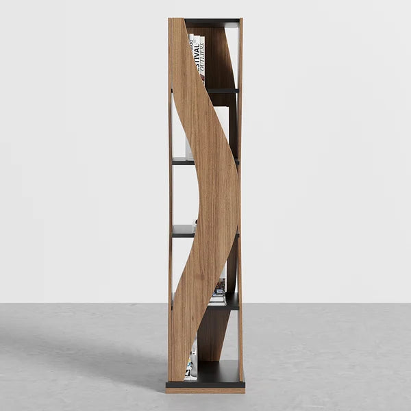 5-Tier Geometric Bookshelf Curved Shape Industrial Bookcase in Walnut & Black Rotating