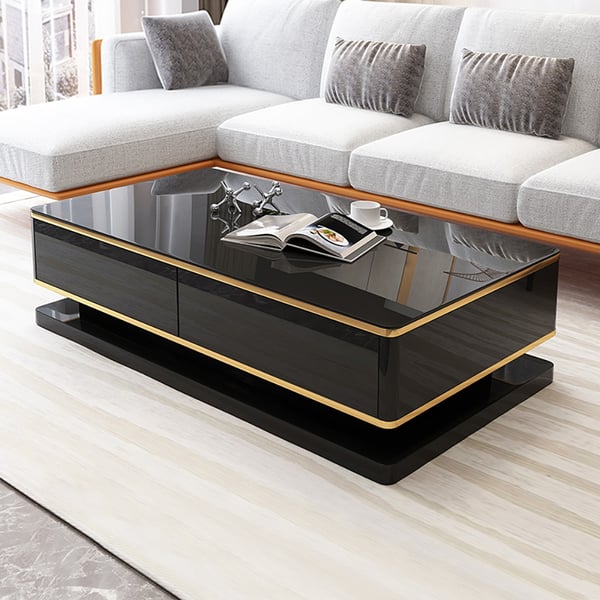 51" Black Rectangular Modern Coffee Table with Storage 4 Drawers Tempered Glass Top