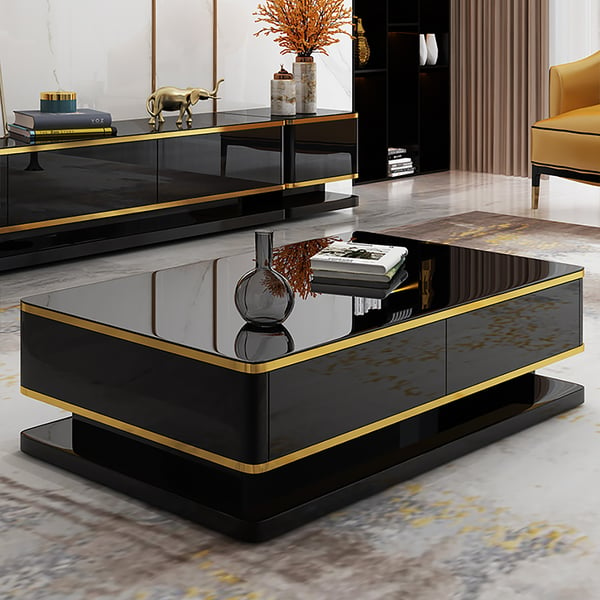 51" Black Rectangular Modern Coffee Table with Storage 4 Drawers Tempered Glass Top