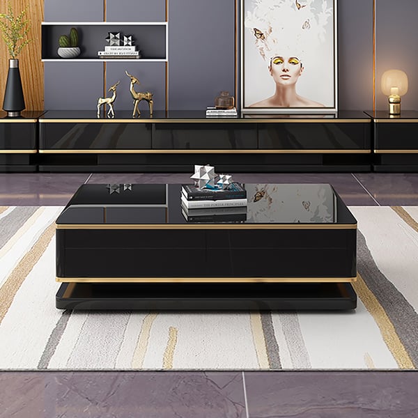 51" Black Rectangular Modern Coffee Table with Storage 4 Drawers Tempered Glass Top