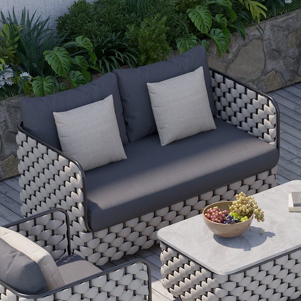 Wide Modern Aluminum & Rope Outdoor Loveseat Patio Sofa with Coffee Table in Gray