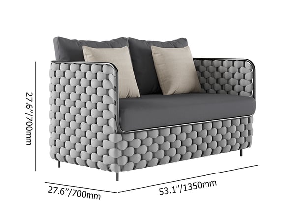 Wide Modern Aluminum & Rope Outdoor Loveseat Patio Sofa with Coffee Table in Gray