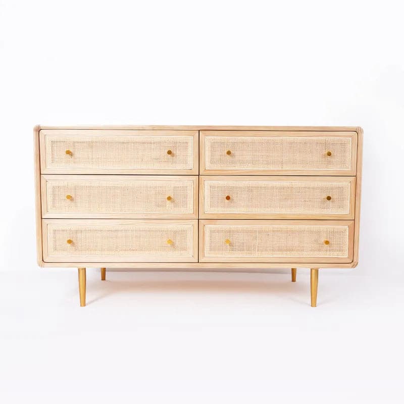 53" Nordic Natural Bedroom Dresser with 6 Drawers Rattan Woven in Gold