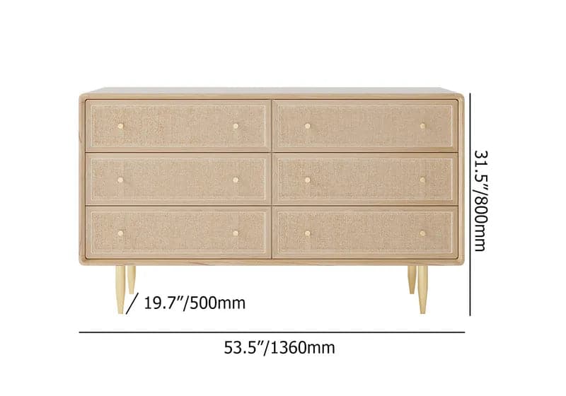 53" Nordic Natural Bedroom Dresser with 6 Drawers Rattan Woven in Gold