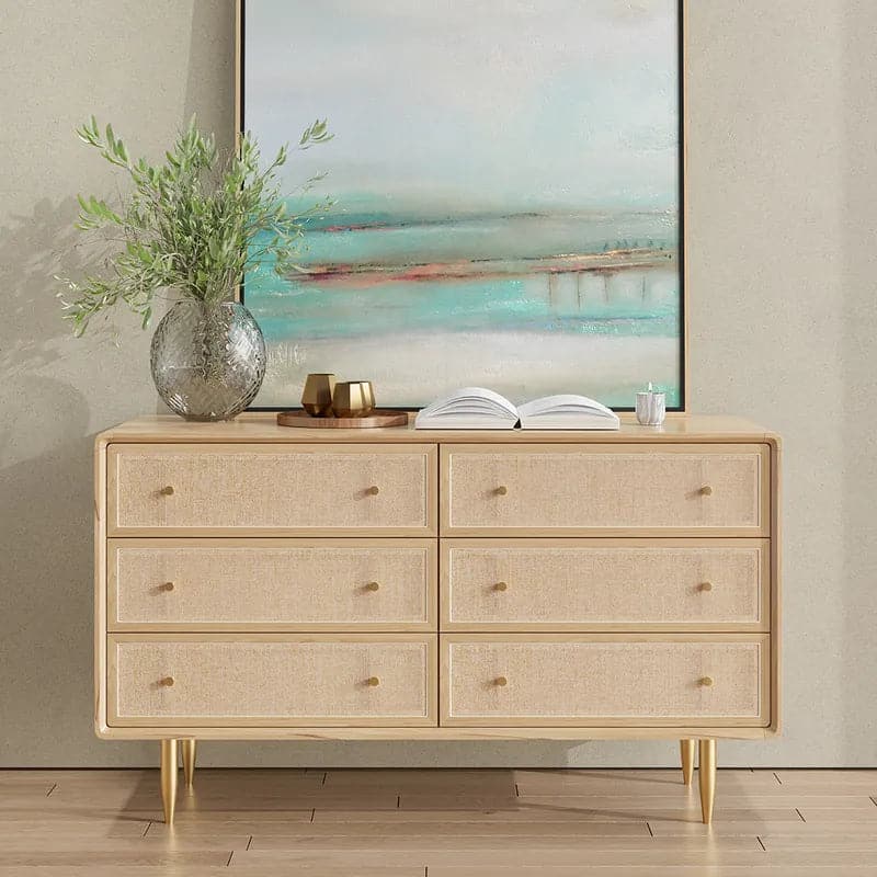 53" Nordic Natural Bedroom Dresser with 6 Drawers Rattan Woven in Gold