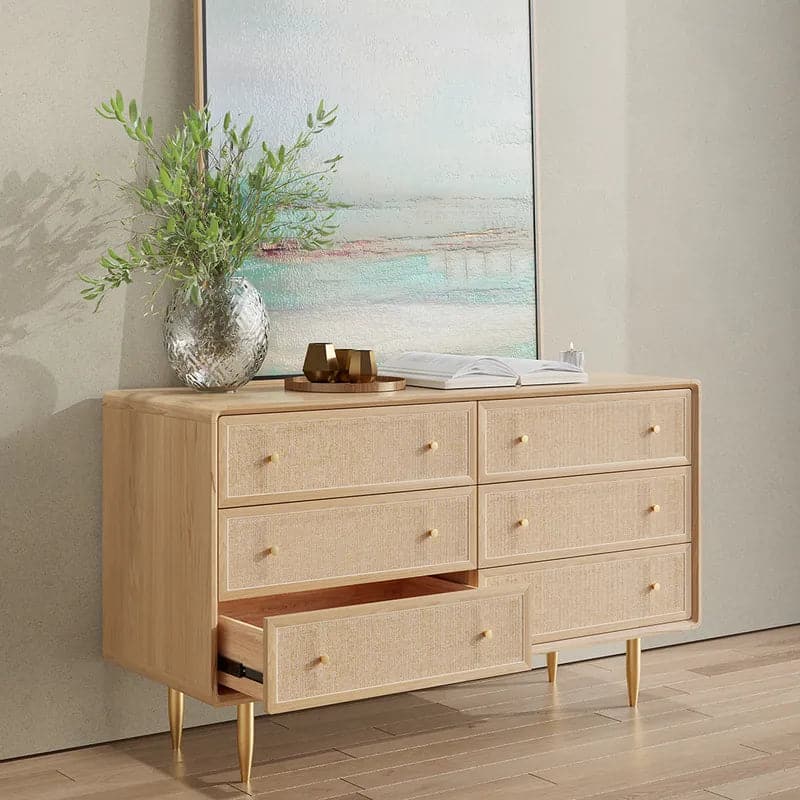 53" Nordic Natural Bedroom Dresser with 6 Drawers Rattan Woven in Gold