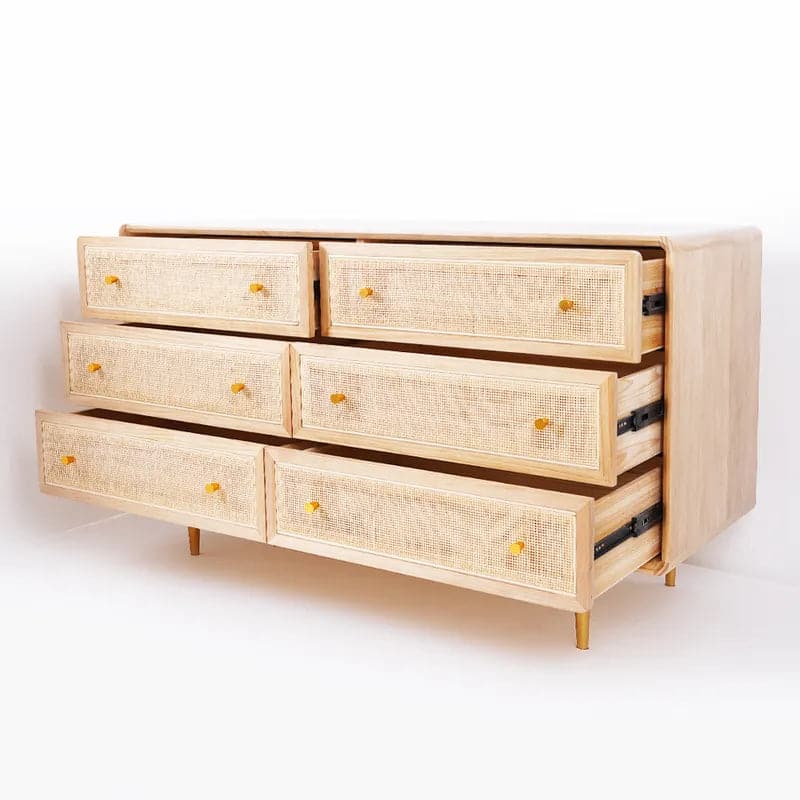 53" Nordic Natural Bedroom Dresser with 6 Drawers Rattan Woven in Gold