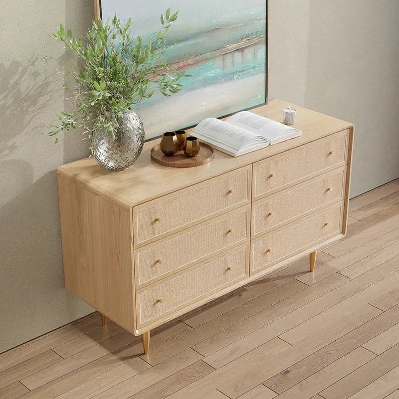 53" Nordic Natural Bedroom Dresser with 6 Drawers Rattan Woven in Gold