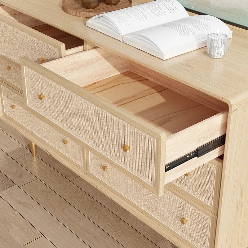 53" Nordic Natural Bedroom Dresser with 6 Drawers Rattan Woven in Gold